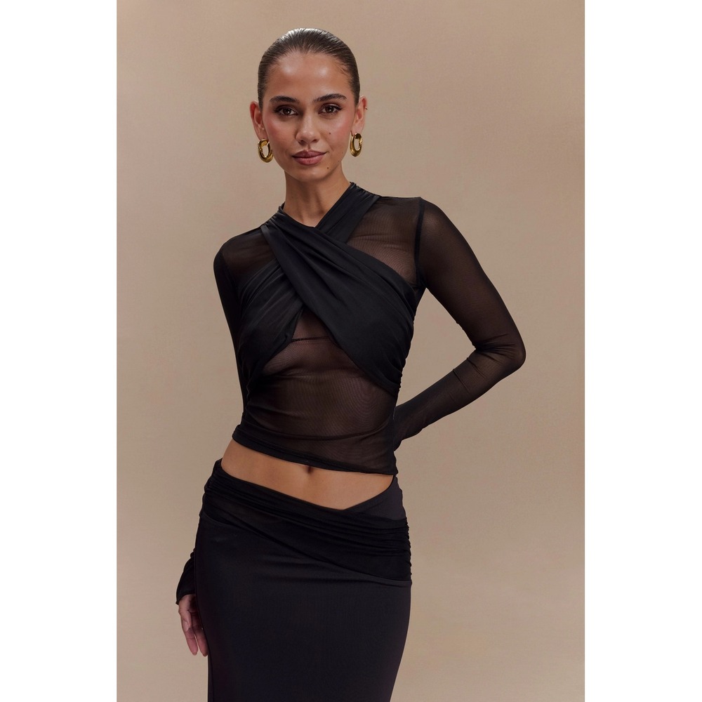 MESHKI Tania Slinky and Mesh Long Sleeve Top Black Crossover Sheer TP08443KD6 L